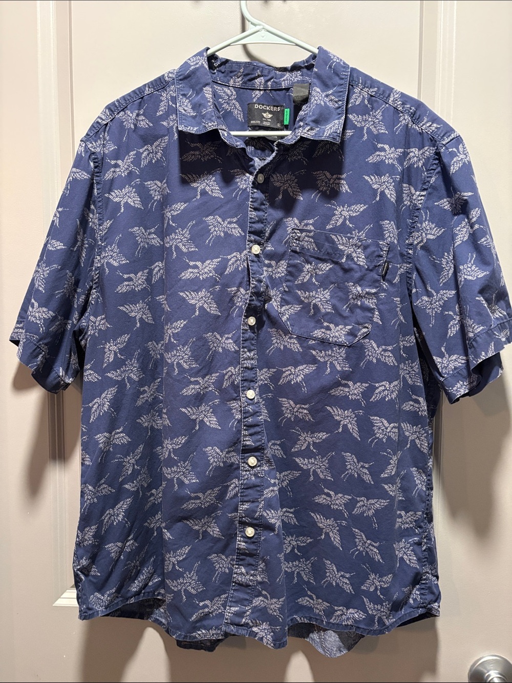 Dockers Bird Print Button Down Shirt XL Blue Cotton Vacation Coastal